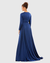 Navy Long Sleeve Ruched Waist A-Line Gown