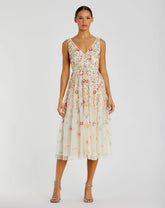 White V-Neck Sleeveless Midi Floral Beaded A-line Dress