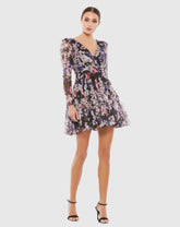 Black Floral Print Faux Wrap Long Sleeve Mini Dress - FINAL SALE