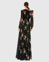 Black Belted Floral Print Illusion Long Sleeve Gown