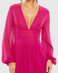 Purple V-Neck Illusion Long Sleeve Chiffon Gown