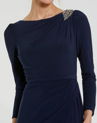 Navy Draped Bateau Long Sleeve Trumpet Gown