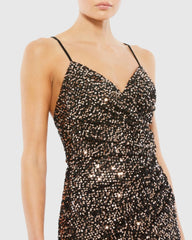 Black and Brown Gathered Waist Sequin Gown