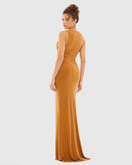 Brown Pleated Bodice Jersey Column Gown