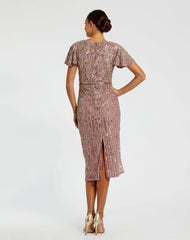 Purple Embellished Faux Wrap Flutter Sleeve Dress