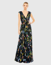 Black Multicolor Pleated Floral Cap Sleeve A Line Gown