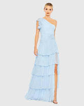 Blue Ruffle Tiered One Flutter Sleeve Gown