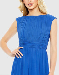 Blue Pleated Bateau Cap Sleeve A Line Gown