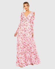 Pink Ruffle Sleeve Floral Print Gown