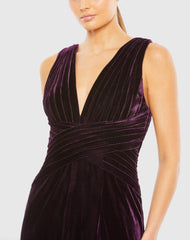 Purple Sleeveless Plunge Neck Pleated Velvet Gown