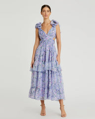 Purple Ruffle Tiered Floral Chiffon Midi Dress