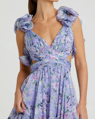 Purple Ruffle Tiered Floral Chiffon Midi Dress
