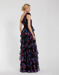 Black Floral Chiffon One Shoulder Tiered Ruffle Gown