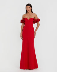 Crepe Off The Shoulder Gown With 3D Flowers
