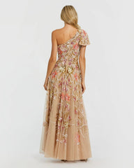 Gold One Shoulder Floral Embellished Gown