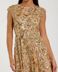 Gold Sequin High Neck Cap Sleeve A Line Gown