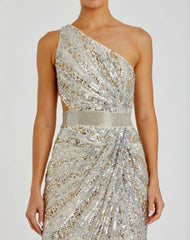 Silver Sequined One Shoulder Draped Lace Up Gown