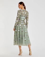 Green Sequined Floral Long Sleeve High Neck Midi Dress