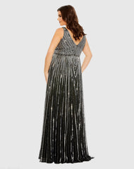 Black and Silver Sequined Striped Sleeveless V Neck A Line Gown (Plus)