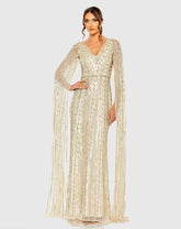 Beige and Silver Sequined V-Neck Gown with Cape Sleeves