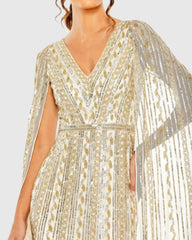 Beige and Silver Sequined V-Neck Gown with Cape Sleeves
