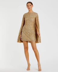 Gold Sequined Cape Sleeve Mini Dress
