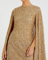 Gold Sequined Cape Sleeve Mini Dress