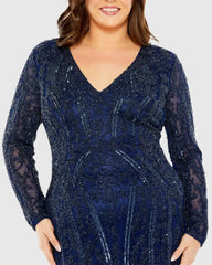 Navy Long Sleeve Embellished Dress