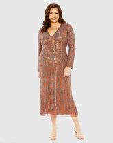 Orange Long Sleeve Embellished Dress