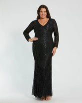 Black Long Sleeve V-Neck Beaded Fringe Gown