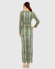 Green Long Sleeve Beaded Gown with Crystal Fringe