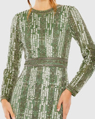 Green Long Sleeve Beaded Gown with Crystal Fringe