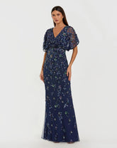 Navy Floral Embellished Short Sleeve Blouson Gown