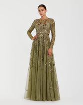 Long Sleeve Hand Embellished Floral A-line Gown