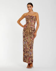 Gold Floral Embellished Strapless Column Dress