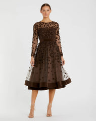 Brown Embellished Illusion High Neck Long Sleeve Fit & Flare Dress