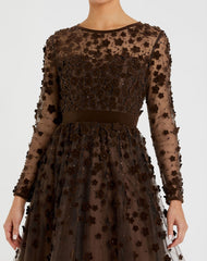 Brown Embellished Illusion High Neck Long Sleeve Fit & Flare Dress