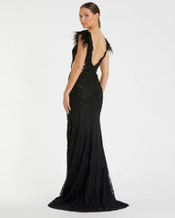 Black Feather Cap Sleeve Lace Gown