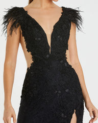 Black Feather Cap Sleeve Lace Gown