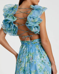 Blue Ruffle Tiered Floral Cut-Out Chiffon Gown
