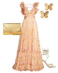 Pink Ruffle Tiered Floral Cut-Out Chiffon Gown