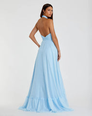 Blue High Neck Tiered Chiffon Halter Gown