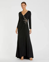 Black Faux Wrap Long Sleeve Evening Gown with Appliqué Detail