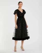 Black Embellished Butterfly Sleeve Velvet Hem Midi Dress