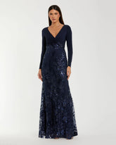 Navy Embellished Long Sleeve Wrap Over Trumpet Gown