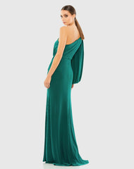 Green One Shoulder Puff Sleeve Faux Wrap Gown