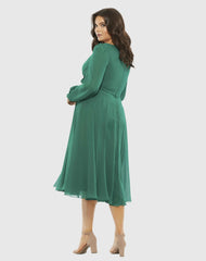 Green Chiffon Bishop Sleeve Surplice Dress (Plus)