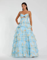 Blue Floral Cut Out Ruffle Tiered Gown