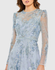 Blue Embellished Illusion Long Sleeve Midi Dress