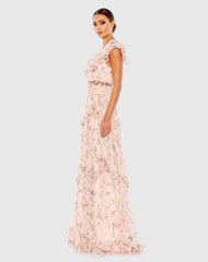 Pink Multicolor Ruffled Floral Print Cap Sleeve Gown